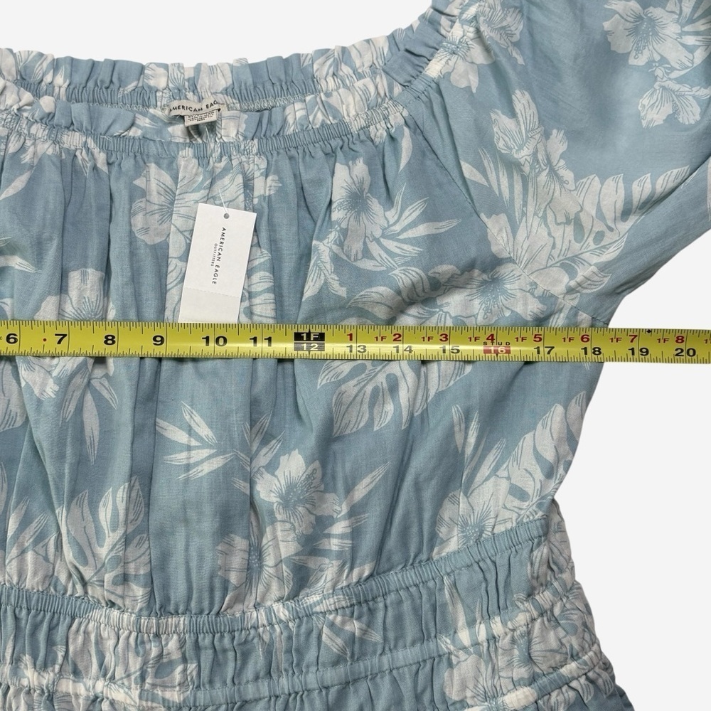 American Eagle Smocked Floral Romper Size XL Pockets 3/4 Sleeve Blue NEW - Picture 7 of 11